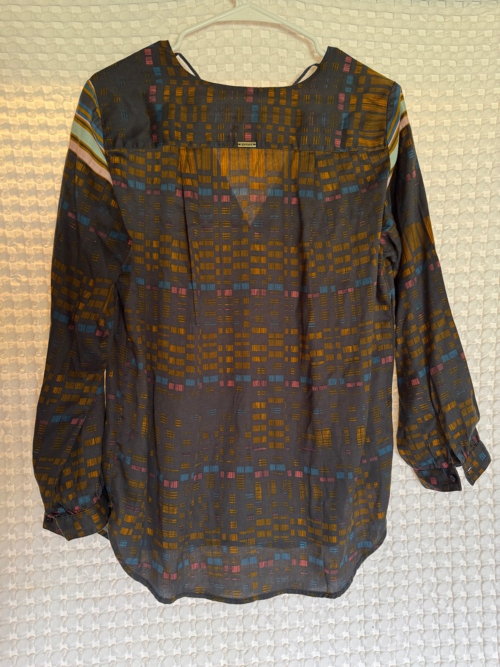 prAna Printed V Neck Blouse Medium Gray Multicolor Long Sleeve Tencel Top - Picture 2 of 6